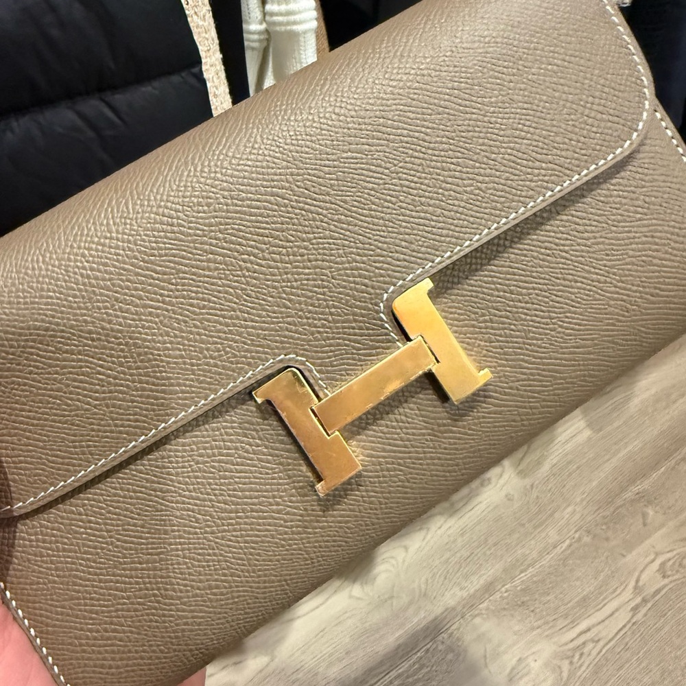 Hermes Taupe Clutch with Gold Accent
